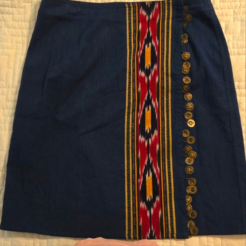 Lizwear Liz Claiborne 90s Cotton Wrap Mini Skirt With Aztec Print And Coin Trim
